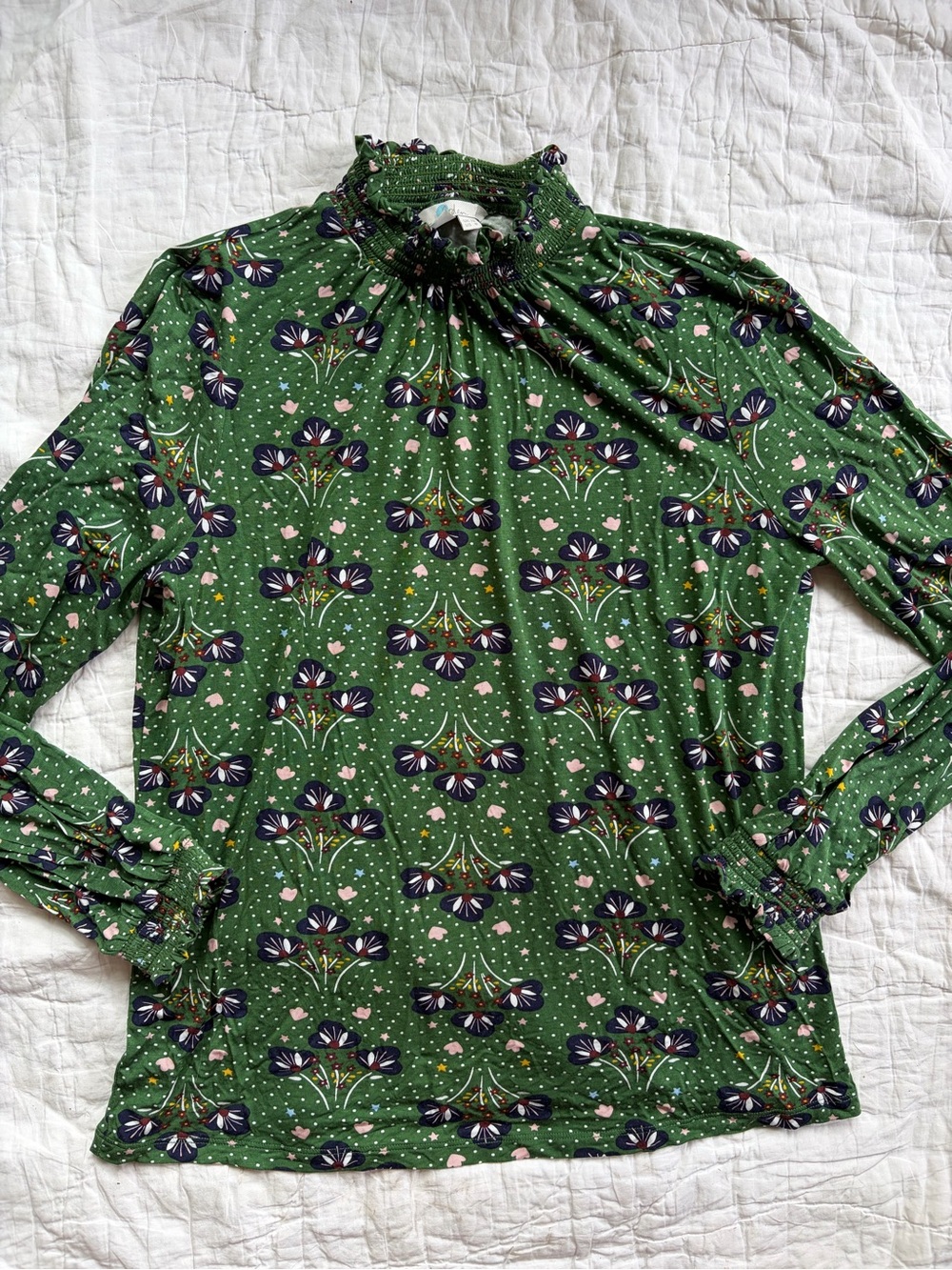 Boden Green Floral Mock Neck Long Sleeve Top